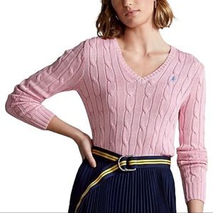 NWT Polo Ralph Lauren Pink Cable-Knit V-Neck Sweater Size XL
